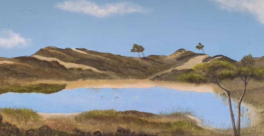 Landschap met heuvels, een waterpartij en enkele bomen onder een heldere lucht.