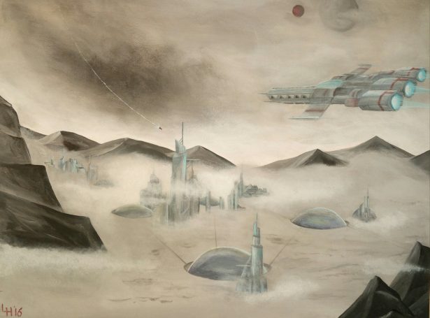 Futuristisch landschap met steden in nevel en een ruimtevaartuig boven een verglaasde horizon.