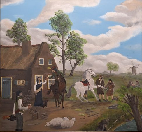 Boerenlandschap met een boerderij, ruiters op een wit paard en een molen op de achtergrond.
