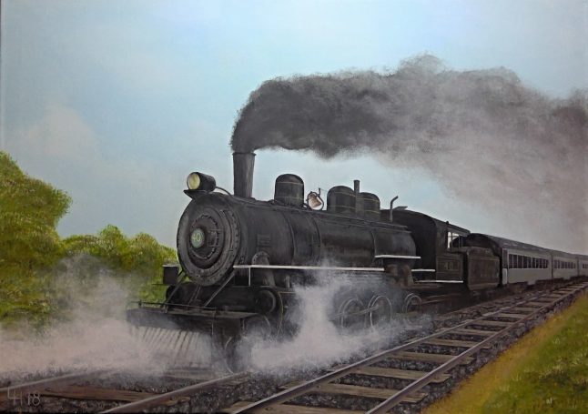Stoomlocomotief rijdt over spoorlijnen met rook en stoom, omgeven door groen landschap.